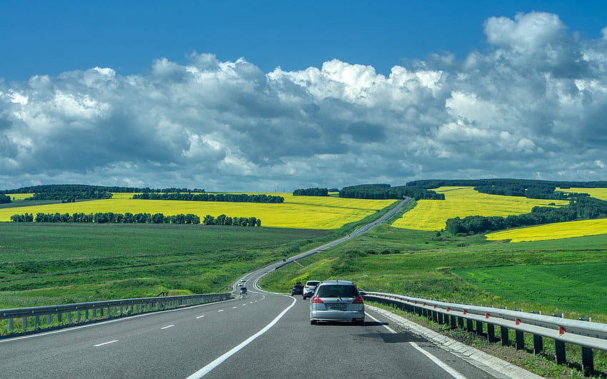 Spring Road, clouds, fields, road, spring, rapeseed HD wallpaper