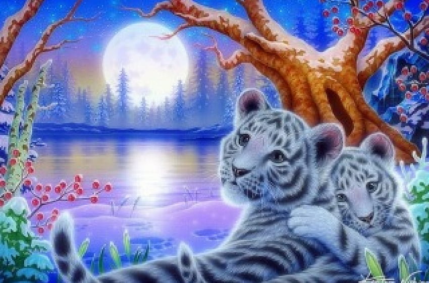 ホワイト ベイビー タイガース、大きな野生の猫、冬、猫、ホワイト タイガー、絵画、愛の四季、野生動物、動物、雪、クリスマスと正月、川、月 高画質の壁紙