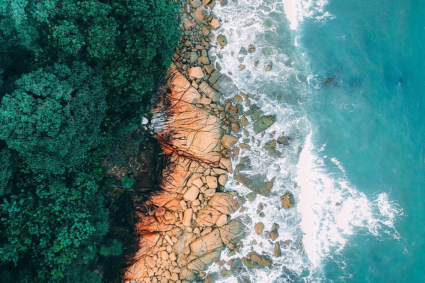 Rocks, seashore, coast, beach, aerial view HD wallpaper