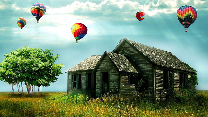 Abandoned, downtrodden, house, farm, country, Firefox Persona theme, cabin, old, hot air balloons HD wallpaper