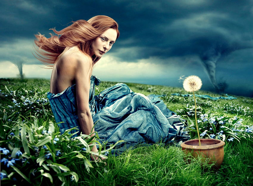 Delicate Balance, field, dandelion, tornados, blue dress, flowers, woman, storm, female HD wallpaper
