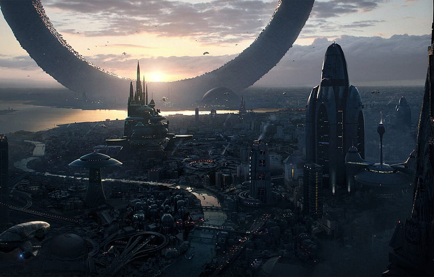 Der Himmel, die Landschaft, der Sonnenuntergang, die Stadt, die Zukunft, die Fiktion, die Wolkenkratzer, der Ring, die Megapolis, das Sci-Fi für , Abschnitt фантастика, die Fiktionslandschaft HD-Hintergrundbild