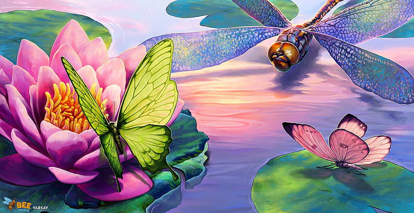 Waterlilies, summer, pink, butterfly, fantasy, green, dragonfly, marta sokolovska, vara, lotus, insect HD wallpaper