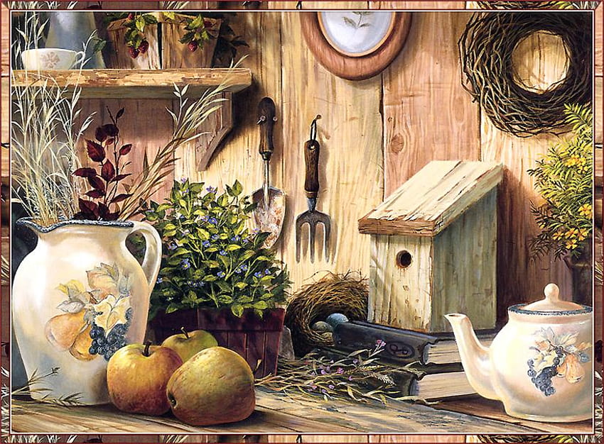 Country Storage, tavolo, mensola, piante, attrezzi da giardino, tazza, teiera, libri, mele, brocca, casetta per uccelli Sfondo HD