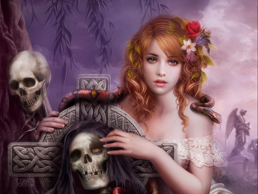 Cross Flower Girl Gothic Heterochromia Skeleton Skull Snake Woman - Rozdzielczość:, Skeleton Girl Tapeta HD