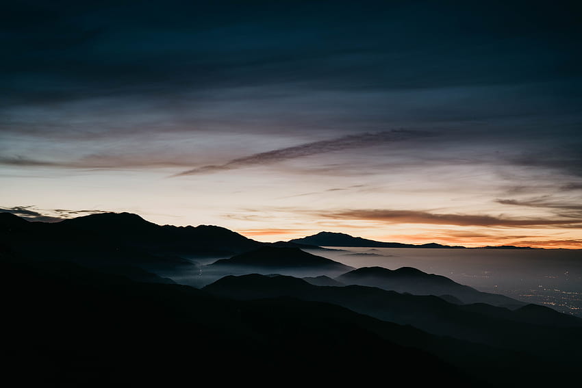 Montañas, puesta de sol, niebla, amanecer, horizonte, horizonte, vista aérea fondo de pantalla