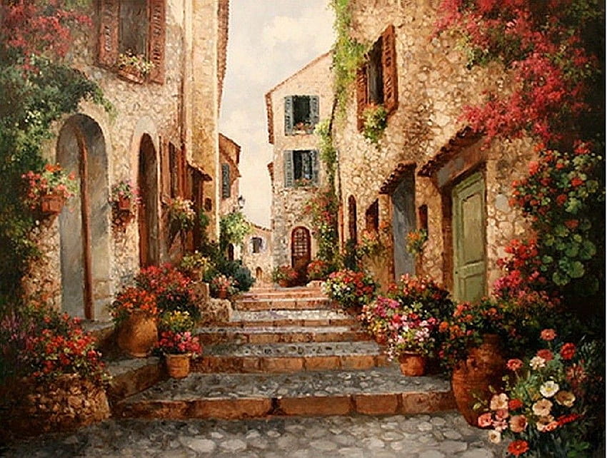 Italian Street Paul Guy Gantner Old Town Painting Italy Architecture HD wallpaper