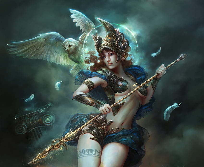 Athena, bufnite, kuş, sanat, madboni, mady madnoliet, tanrıça, baykuş, zırh, fantezi, yeşil, luminos, pasari HD duvar kağıdı