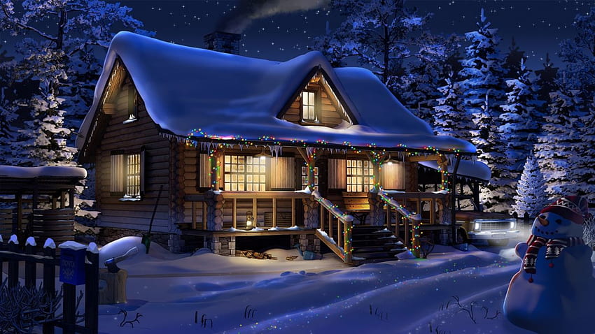 Cabina Luci natalizie Notte Neve Pupazzo di neve Inverno, Cottage innevato Sfondo HD