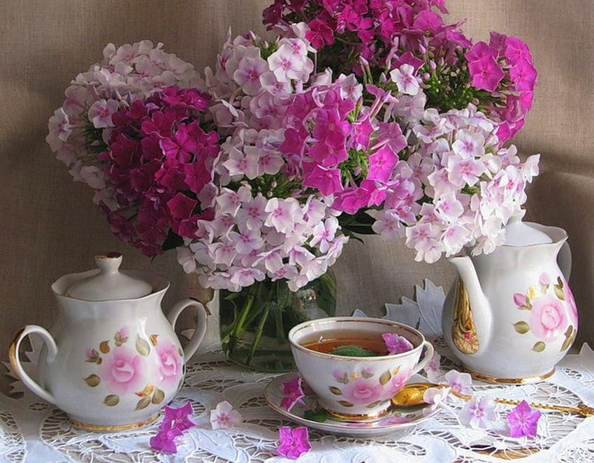 Still life, tea, other, cup, pink, sugar bowl, abstract, time, flowers, teapot HD wallpaper