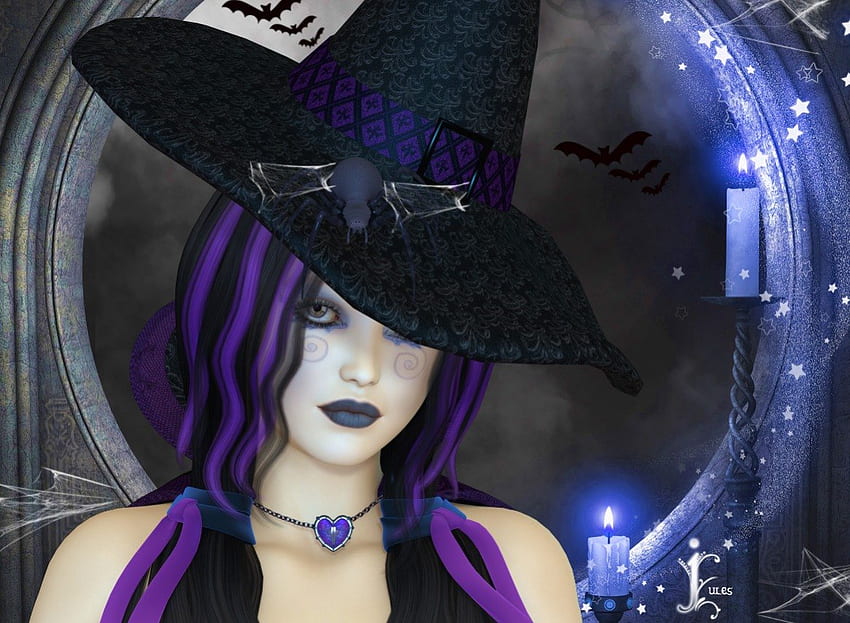 Bruja Púrpura, púrpura, ventana, fantasía, velas, murciélagos, sombrero, bruja fondo de pantalla