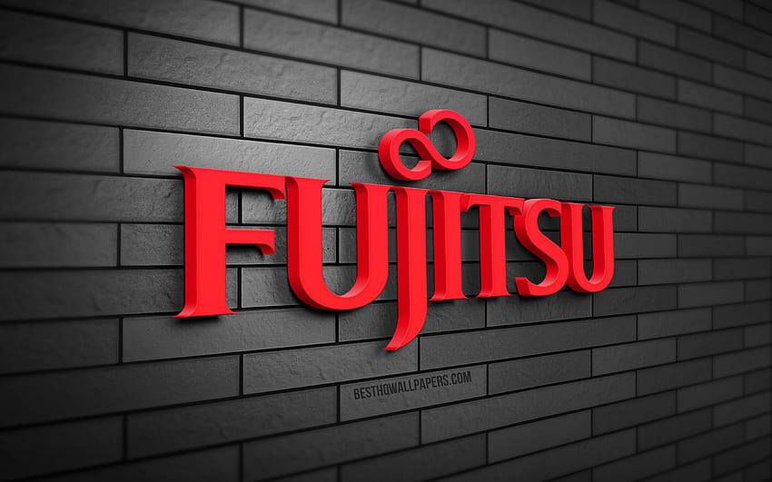 Fujitsu logo 3D, , muro di mattoni grigio, creativo, marchi, logo Fujitsu, arte 3D, Fujitsu Sfondo HD