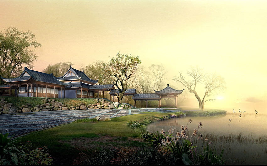 Natura, jezioro, mgła, minimalizm, ogród, Chiny, dziedziniec, dziedziniec Tapeta HD