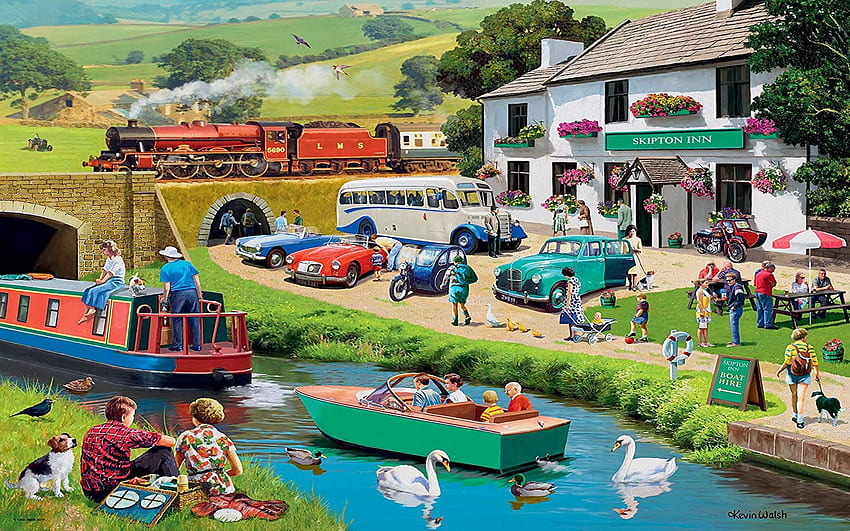 Exploring The Dales, artwork, river, swans, painting, house, boats, train, people, cars HD wallpaper
