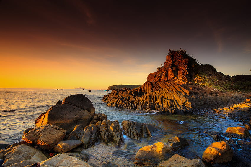 Rocky Coast, sea, sunset, nature HD wallpaper