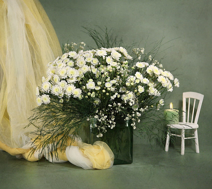 Martwa natura, krzesło, grafika, wazon, welon, piękno, świeca, kwiaty, płótno, harmonia Tapeta HD