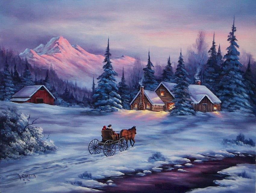 Winter walk, winter, peaks, peaceful, walk, nice, horses, holiday, painting, snow, holy, frost, frozen, path, cold, afternoon, beautiful, mountain, cabin, lights, noel, view, clouds, sky, cottage, lovely, evening, village HD wallpaper