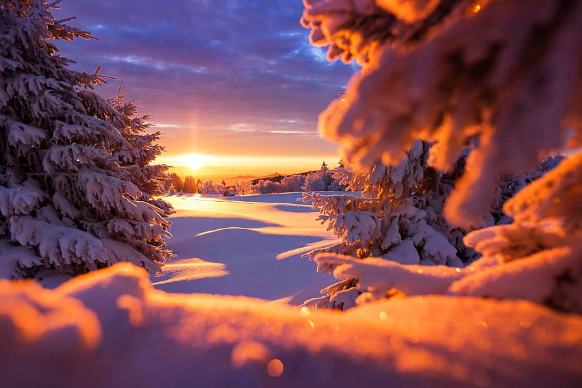 Winter in mountains, snow, sunrise, sunset, winter, beautiful, mountain HD wallpaper