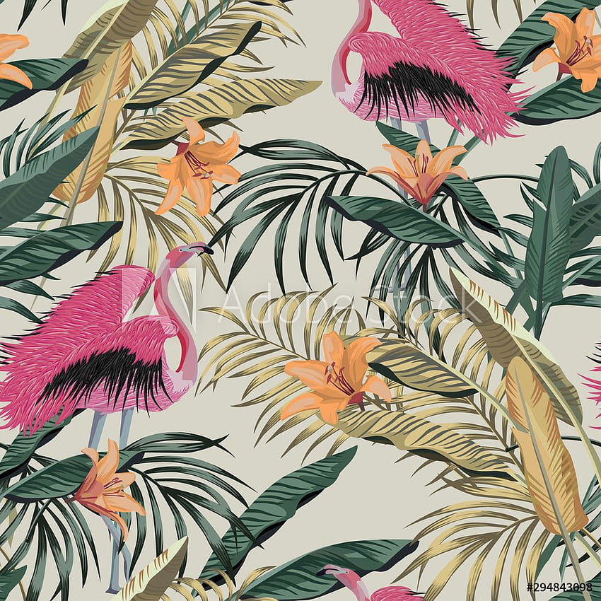 Poster Exotic jungle illustration tropical plants pink flamingo HD phone wallpaper