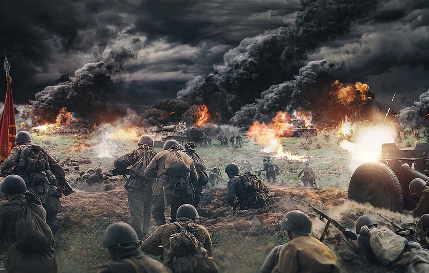 Smoke, Fire, War, People, Machine gun, Soldiers, Shooting, USSR, Gun, WWII, Tanks, The Germans, Attack, The Second World War, Offensive, The great Patriotic war for , section оружие HD wallpaper