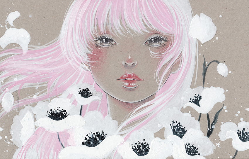 Pink, white, black, victoria-rivero, fantasy, art, poppy, pare, girl HD wallpaper