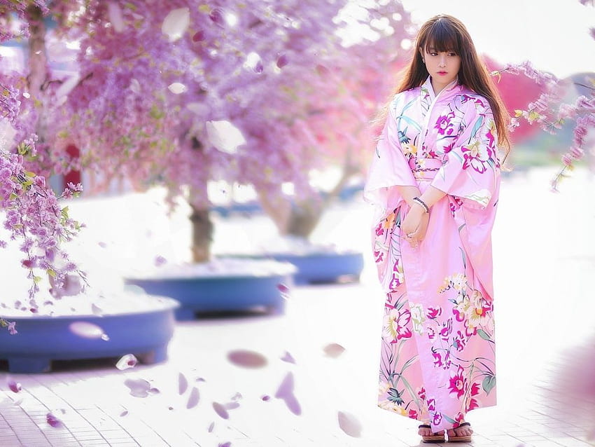 Gadis Jepang dengan kimono merah muda Wallpaper HD