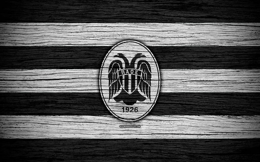PAOK FC, textura de madera, Superliga griega, fútbol, ​​PAOK Thessaloniki, club de fútbol, ​​Grecia, PAOK, logotipo, FC PAOK con resolución. Alta calidad fondo de pantalla