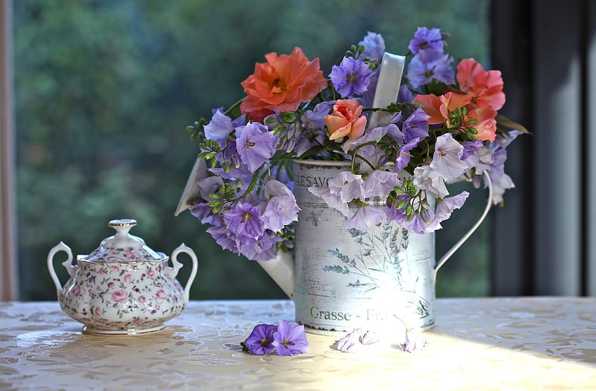 Flowers, Table, Porcelain, Watering Can HD wallpaper