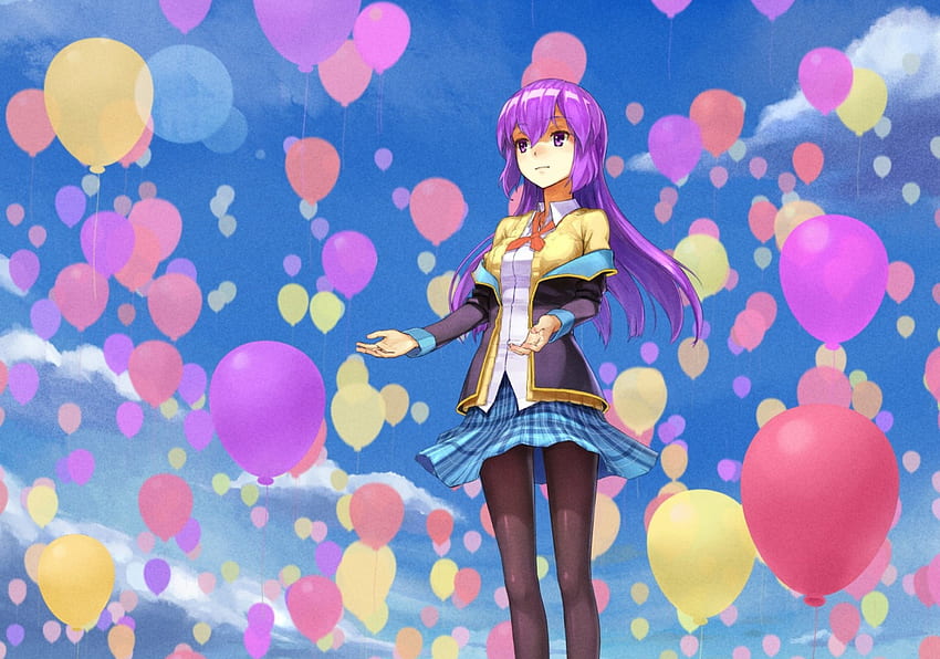 Fly and be , awesome, purple hair, uniform, cute, long hair, purple eyes, beauty, nice, balloons, game, mslie, female, skirt, sweet, magic, smile, beautiful, ballons, anime girl, purpel jair, anime, pretty, lights, cool, clouds, sky, dream HD wallpaper