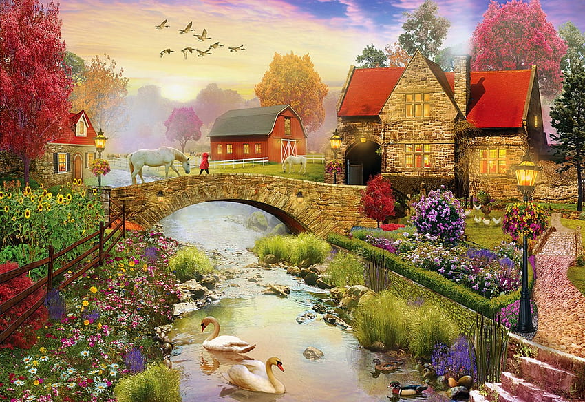 Gehöft, Häuser, Dorf, Fluss, Kunstwerke, Gemälde, Brücke HD-Hintergrundbild