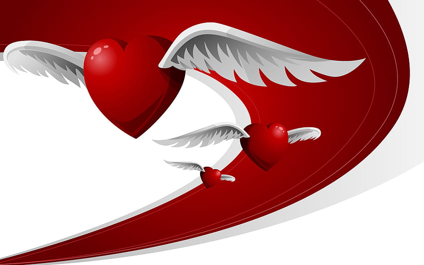 heart with wings, hearts, wings, 3d, love HD wallpaper