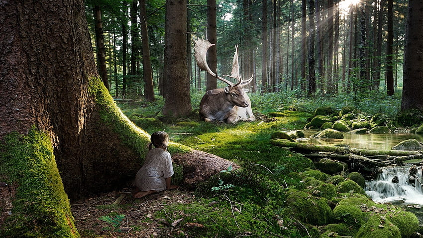 green women nature trees forest deer fantasy art sunlight fairy tales High Quality , High Definition HD wallpaper