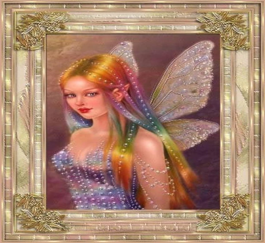 PORTRAIT OF A FAIRY, fairy, colorful, portrait, frame, pearls, gold HD wallpaper