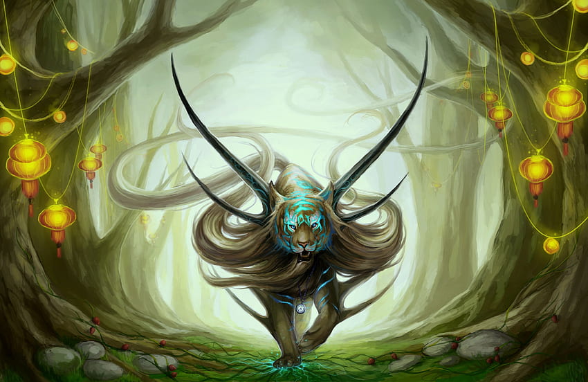 Fantasy, Forest, Tiger, Being, Creature, Hair, Horns HD wallpaper