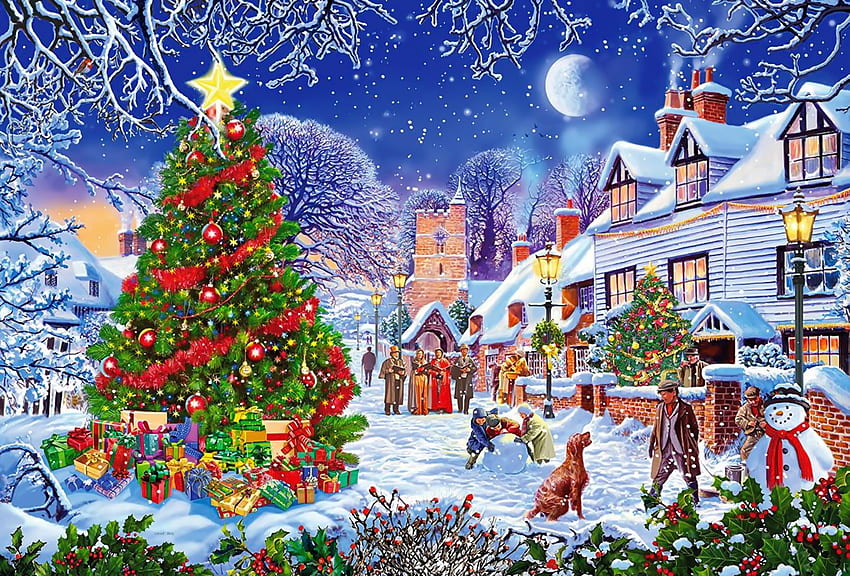 村の木、冬、楽しい、子供、家、木、装飾、雪、喜び、村 高画質の壁紙