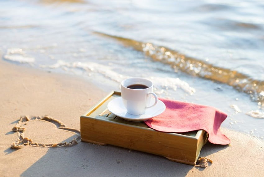 Plaża Kawa, słodka, piasek, grafika, kawa, piękna, filiżanka, serce, plaża Tapeta HD