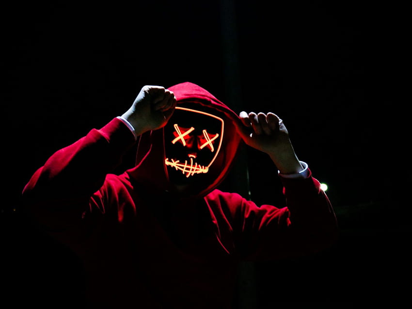 Mężczyzna, maska ​​​​LED, Dope, noc, anonimowy, bluza z kapturem, ciemna, grafika Tapeta HD