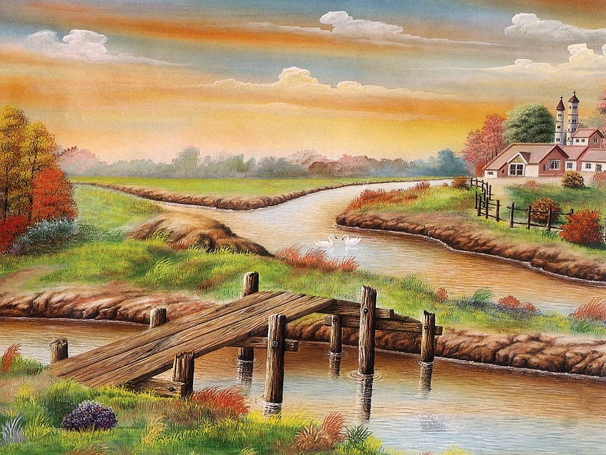 Beautiful Painting Of Village Scene, Beautiful Paintings HD wallpaper