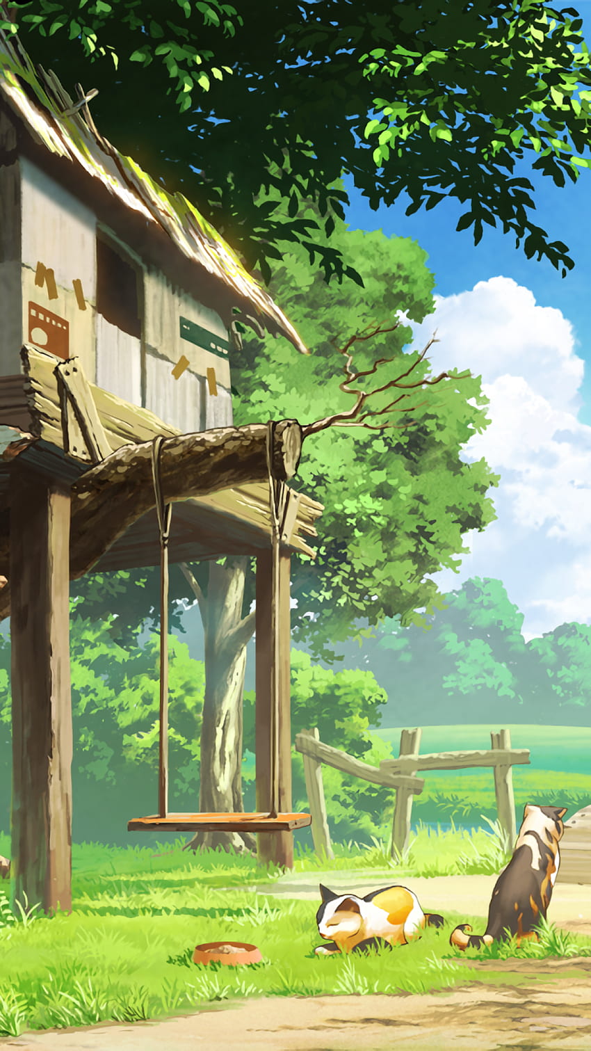 Anime Landscape, Tree House, Cats, Clouds, Green Anime Scenery HD phone wallpaper