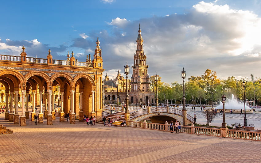 Sevilla, Spain, lanterns, tower, columns, fountain, bridge, sguare, Sevilla, Spain HD wallpaper