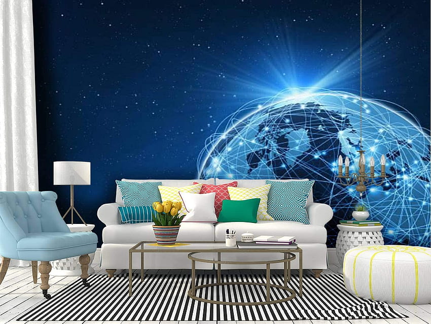 Self Adhesive Roll Paper world connected by computer network on blue space background world Removable Peel and Stick Decorative Wall Mural Posters Home Covering Interior Film : Tools & HD wallpaper