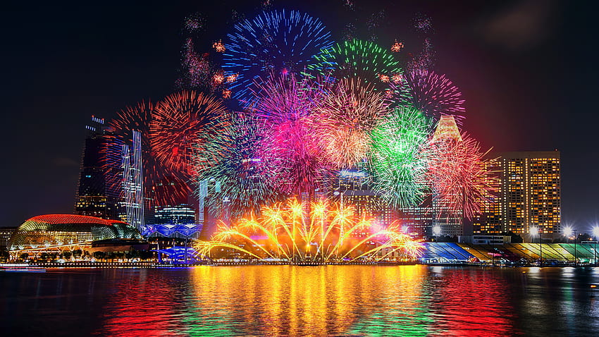 Fireworks over Beijing, beijing, fireworks, night graphy, water HD wallpaper
