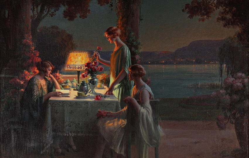 flowers, the evening, the tea party, Academism, Dolphin Angola, Young women, on the shores of lake for , section живопись - HD wallpaper