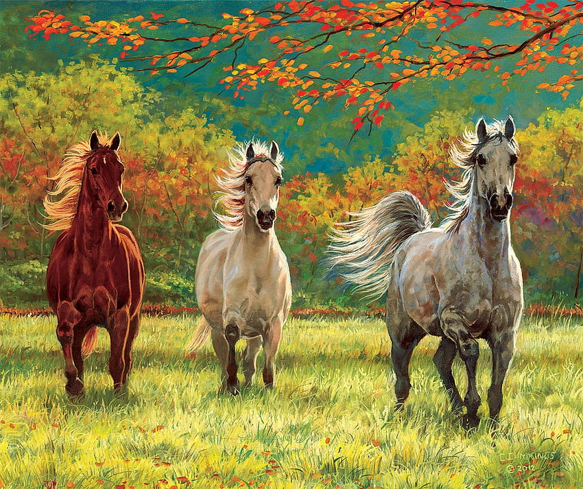 Autumn Meadows, autmn, horses, season, three HD wallpaper