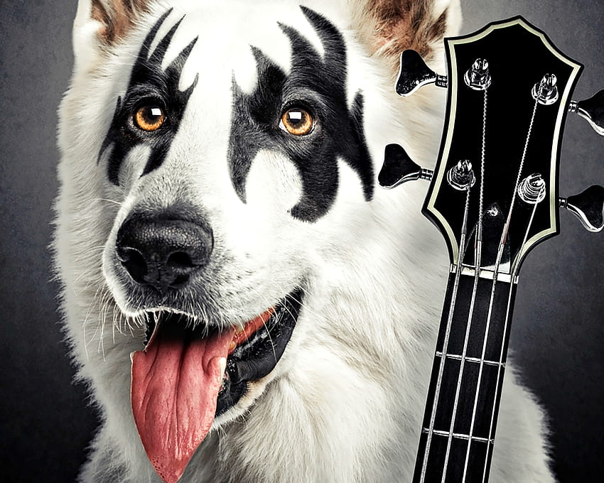 Rock's best friend, dog, animal, white, black, guitar, rock, pink, instrument, funny, tiago hoisel, tongue, caine HD wallpaper