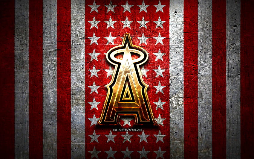 Drapeau des Los Angeles Angels, MLB, fond rouge en métal blanc, équipe de baseball américaine, logo des Los Angeles Angels, États-Unis, baseball, Los Angeles Angels, logo doré, LA Angels pour avec résolution Fond d'écran HD