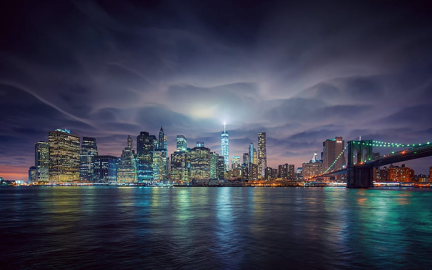 New York, night, blue, buildings, green, sky, water, usa HD wallpaper