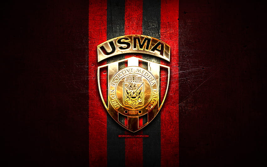 USM Alger, złote logo, algierska Ligue Professionnelle 1, czerwone metalowe tło, piłka nożna, algierski klub piłkarski, logo USM Alger, piłka nożna, USMA Tapeta HD