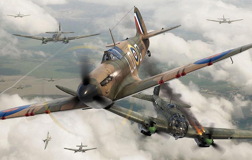 lutador, guerra, arte, avião, pintura, aviação, Ww2, duelo, Supermarine Spitfire Mk.I para, seção авиация papel de parede HD