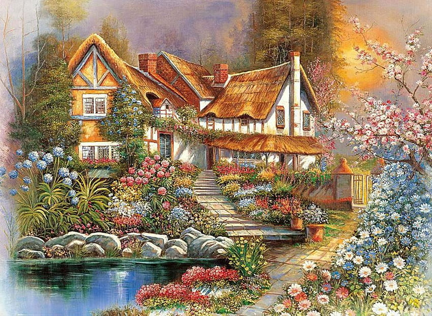 By E.J.Scott, river, cottage, art, painting HD wallpaper